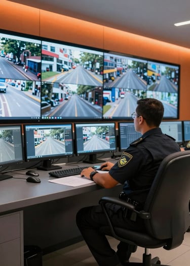 A professional security operator sitting in a modern, dark control room in a South American / Brazilian corporate building, watching a wall of bright monitors showing live street feeds. The room has soft orange ambient lighting and slate grey furniture.