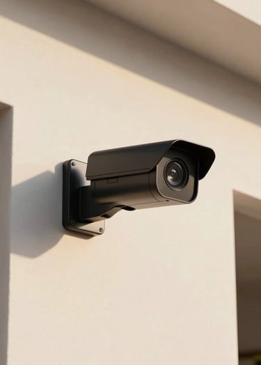 A sleek, modern security camera in Deep Black mounted on a clean Off-white wall of a contemporary South American / Brazilian home. The scene is bathed in warm, golden afternoon sunlight with soft shadows.
