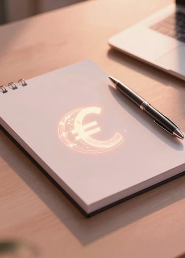 A sophisticated International / Western office desk bathed in warm peach sunset and dusty rose sunset lighting, featuring a clean minimalist notepad, elegant pen, and a subtle glowing abstract representation of global currency, modern, feminine aesthetic.