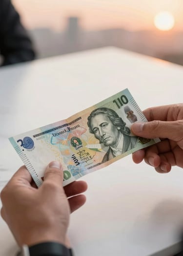A close-up of hands exchanging a beautifully designed modern banknote over a pristine white marble table, International / Western business setting, warm peach sunset light.