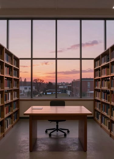 A wide shot of a scholarly, minimalist library in a International / Western home. Large windows show a sunset sky, casting a muted rose mauve glow over rows of neatly organized books and a simple dark wooden desk.