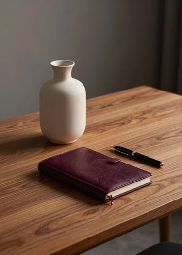 An elegant, high-resolution photograph of a minimal wooden desk in a modern International / Western study at dusk. A Soft Alabaster White ceramic vase and a Deep Plum Twilight leather journal sit next to a pen. The lighting is soft and warm, reminiscent of a sunset.