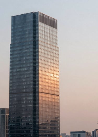 A high-angle architectural photograph of a modern International / Western financial district building at sunset. The clean glass and steel lines reflect a soft off-white and warm sunset terracotta glow. Minimalist composition with a sense of immense scale and clarity.