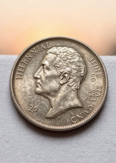 A high-resolution, macro photograph of a rare silver coin resting on a soft white linen surface. The lighting is soft and warm, evocative of a sunset apricot glow in a quiet International / Western study.