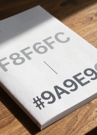 Close-up shot of a contemporary printed portfolio lying on a wooden table. The lighting is spontaneous, like a morning ray hitting the page. The image focuses on the texture of the paper and the sharp typography. Palette colors #F8F6F2 and #9A9E96 are prominent.