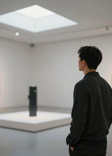A creative professional standing in a modern art gallery, looking at a minimalist installation. Cinematic lighting from a skylight. Professional, accessible, and high-quality photography vibe.