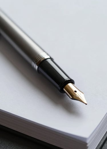 Cinematic close-up of a modern, thin fountain pen resting on a stack of high-quality paper. The lighting is soft and side-lit, emphasizing texture. Colors incorporate the sophisticated #3A3F3B and light #F8F6F2 tones.