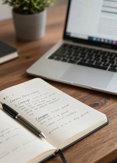 Spontaneous photograph of a creative director’s desk. An open notebook with handwritten campaign taglines, a sleek pen, and a laptop showing a layout. The lighting is natural and cinematic. Colors: #3A3F3B, #F8F6F2 and accents of #C1C4BF.