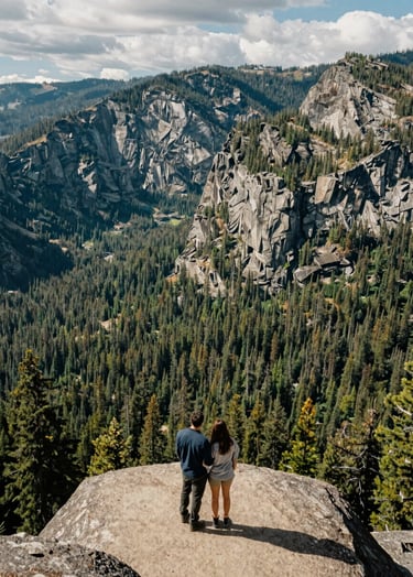 A stunning landscape photograph of a couple standing on a mountain overlook in a North American / US national park. The perspective is wide, showcasing the natural world. The style is artistic and professional, featuring deep Sage Green forests and Stone cliffs.