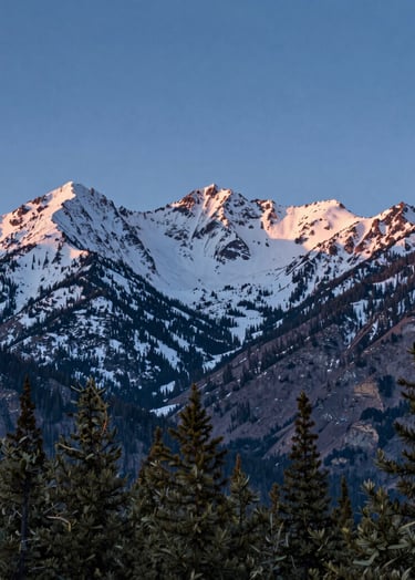 A breathtaking wide-angle landscape of a North American / US mountain range during the blue hour. The peaks are dusted with snow, reflecting soft light. The foreground features muted olive green pine trees. The composition is clean and artistic, evoking a sophisticated and calm atmosphere.