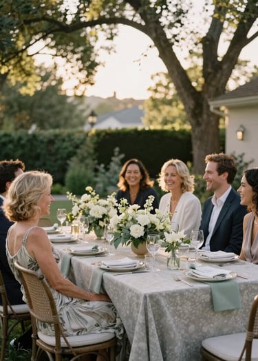 A sophisticated outdoor garden party in a North American / US backyard during the golden hour. The composition shows guests laughing around a beautifully decorated table with Stone colored linens and Sage Green floral arrangements. Warm sunlight filters through the trees, creating an elegant and heartfelt atmosphere.