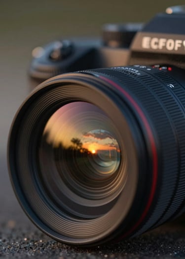 A close-up of a high-end cinematic lens capturing a reflection of a Bordeaux sunset. The lighting is warm and golden, contrasting with the sleek black body of the camera. The style is minimalist and ultra-modern, incorporating the brand palette of #0A0A0A and #ECF0F1.