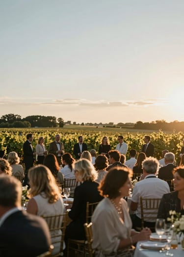 A cinematic wide shot of a luxury event in a Bordeaux vineyard. Soft sunset lighting, warm golden tones against a #ECF0F1 sky. Elegant guests in soft focus, creating a sophisticated and immersive atmosphere.