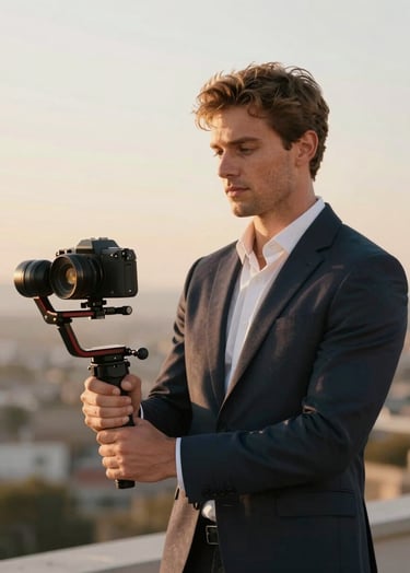 Théo Wacyk on location, professional and sophisticated attire, holding a high-end gimbal, soft golden hour lighting, cinematic background blur.