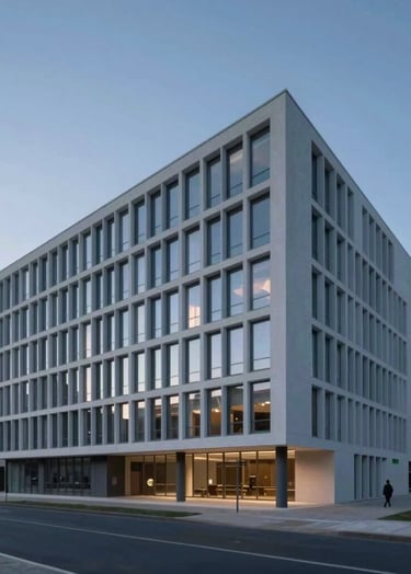 A minimalist architectural shot of a modern building in Bordeaux at dusk. Clean lines, soft #2C3E50 blue hour lighting, and a feeling of timeless elegance. The composition is wide and cinematic.
