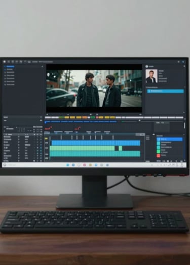 A minimalist composition of professional video editing equipment on a dark wooden desk. A single monitor displays a vibrant cinematic frame. The mood is calm and professional, with a color palette of #0A0A0A, #2C3E50, and #ECF0F1.