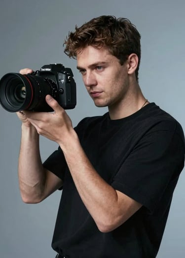 Portrait of filmmaker Théo Wacyk in a modern studio, dressed in black, holding a professional camera, soft side lighting, #0A0A0A and #ECF0F1 contrast.