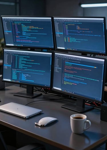 A professional cybersecurity workstation with triple monitors in a dimly lit room. The screens display complex terminal windows and security logs in steel blue. The desk is a clean dark slate, with a silver grey notebook and a coffee mug, reflecting a serious and focused atmosphere.