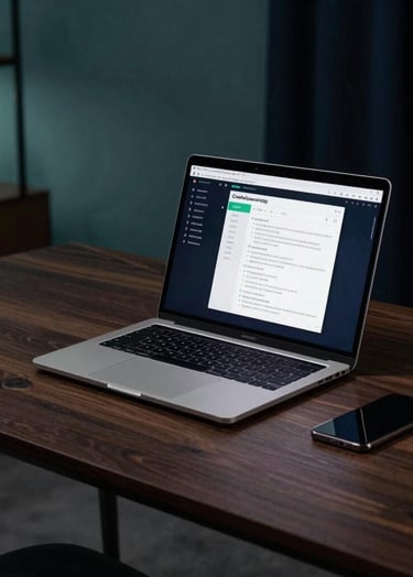 A professional wide-angle shot of a high-end laptop open on a dark wood desk in a modern home office. The screen shows a secure terminal interface. The room is dimly lit with ambient muted sea teal light and deep space navy shadows.