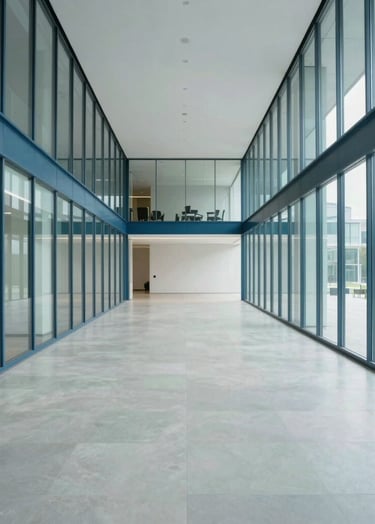 A wide-angle shot of a minimalist, modern office lobby with glass walls and steel blue metal frames. The floor is a polished pale mist color, and the overall composition is balanced and symmetrical, projecting competence and reliability.