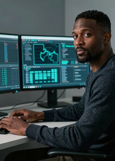 A sharp, professional photograph of George Byrd sitting in a modern workstation, illuminated by the muted sea teal glow of dual monitors displaying network traffic maps. He is wearing a dark charcoal sweater, reflecting a serious and focused atmosphere.