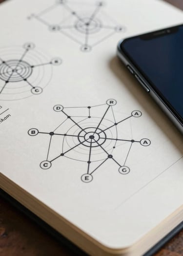 A close-up of a notebook with handwritten technical diagrams and network maps next to a sleek smartphone. The aesthetic is academic and professional, using a frost white and deep space navy color scheme.