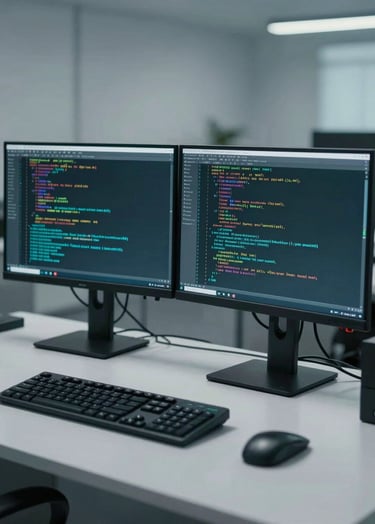 A high-tech digital forensic workstation in a professional office. The desk features two high-resolution monitors displaying complex lines of code and file directory structures. The lighting is a mix of mist gray and steel teal, creating a clean, secure environment.