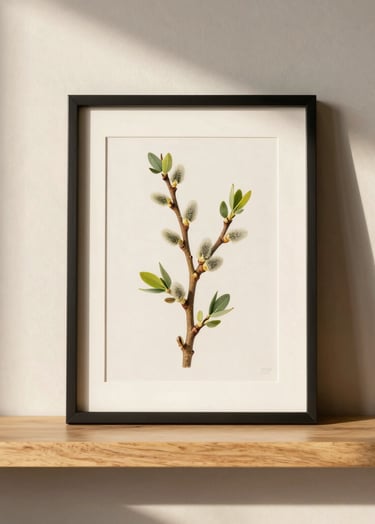 A framed botanical illustration of a wild willow tree branch, placed on a light oak shelf against a warm off-white wall, soft morning sunlight casting gentle shadows.