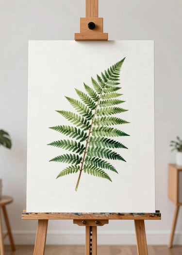 A vertical shot of a large watercolor illustration featuring a delicate fern in dark forest green, mounted on a minimalist easel in a bright, airy studio.