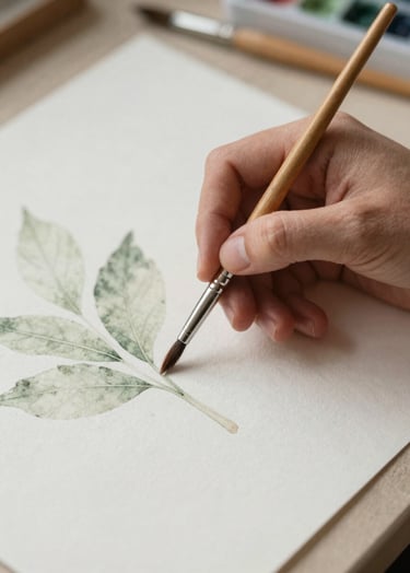 A serene, close-up photograph of an artist's hand holding a wooden paintbrush, resting on a thick sheet of soft off-white watercolor paper. A delicate botanical illustration of a leaf in muted sage green is partially visible. The lighting is soft, natural, and diffused.