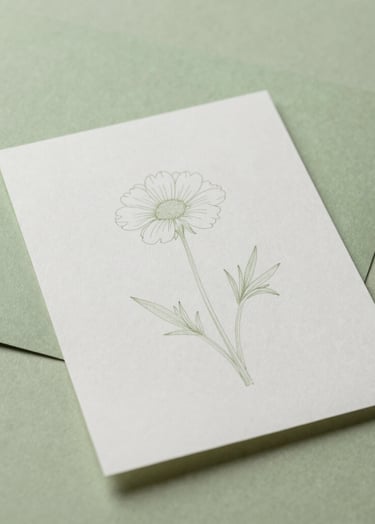 A high-angle photograph of several sheets of handmade paper scattered on a pale moss green surface. One sheet has a light, fine-line ink drawing of a wild flower. The scene feels meticulous, artisanal, and very calm.