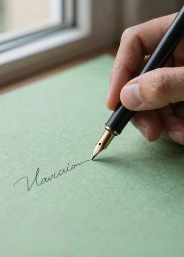 Close-up of a hand holding a fine dip pen, drawing a delicate line on soft tea green textured paper, soft natural light coming from a side window.