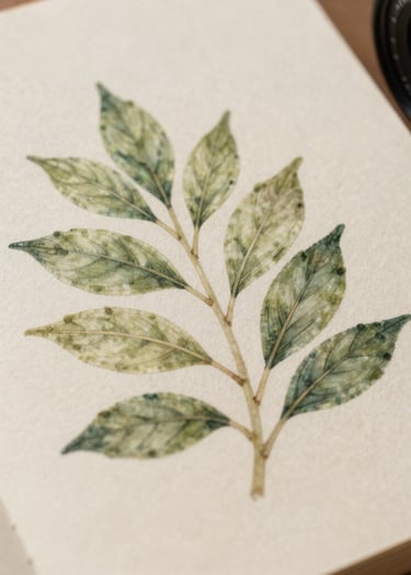 A close-up photograph of a hand-painted botanical illustration on textured warm cream paper. The drawing features delicate leaves in sage green and dark forest green tones. Soft morning light creates a serene atmosphere.