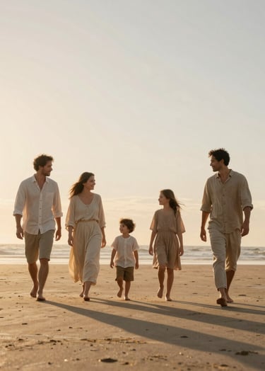 Cinematic lifestyle photography of a family walking on a beach at sunset. The lighting is warm and sun-drenched. The family wears soft sand and warm beige linen clothing. The composition is wide, showing the authentic interaction and the vast, peaceful horizon.