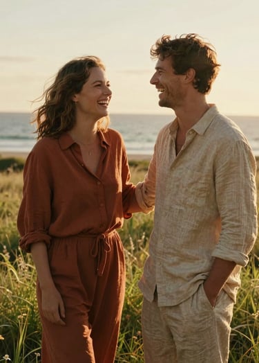 A candid, cinematic photograph of a couple laughing together in a sun-drenched meadow near the ocean. The lighting is warm golden hour, with soft flares. The couple wears terracotta and soft sand colored linen clothing, fitting a coastal European aesthetic.