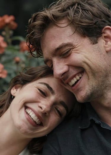 An intimate, close-up portrait of a couple sharing a secret laugh. One person's head is resting on the other's shoulder. The background is a soft-focus garden with hints of terracotta flowers and charcoal shadows.