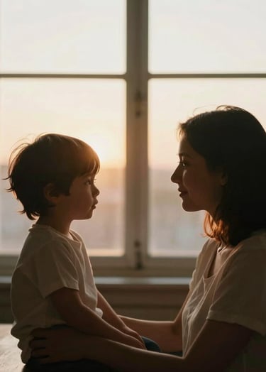 A quiet moment between a mother and child, silhouetted against a warm, sun-drenched window. The composition is elegant and storytelling-driven, emphasizing the soft light and emotional warmth.