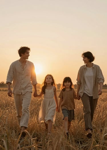 A cinematic wide shot of a family of four walking through a field of tall, dry grass during the golden hour. The sun is low, creating a warm orange glow and soft lens flares. They are dressed in neutral, textured fabrics like linen and wool in shades of soft sand and warm almond. The mood is authentic and joyful.