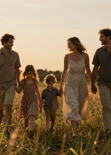 A family of four walking through a meadow of tall wild grass during the golden hour. The sunlight creates a warm terracotta glow around their silhouettes. The mother wears a soft sand colored linen dress. The composition is cinematic and candid, capturing a moment of laughter.