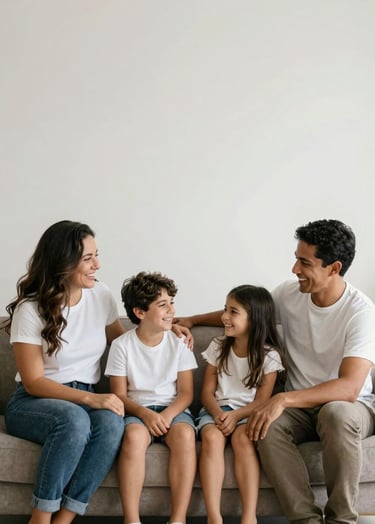 A high-end, minimalist family portrait in a bright studio with pearl white walls. A South American / Brazilian family is laughing together, sitting on a muted taupe sofa. The lighting is soft and natural, emphasizing textures and genuine emotions. Professional photography style.