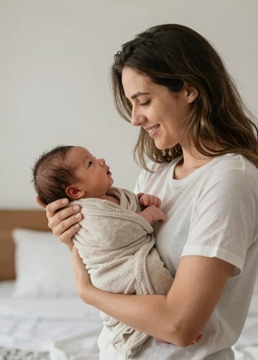 A vertical portrait of a couple holding their newborn baby, wrapped in a soft stone colored blanket. They are in a minimalist South American / Brazilian bedroom with natural morning light. Pure, clean, and professional aesthetic.