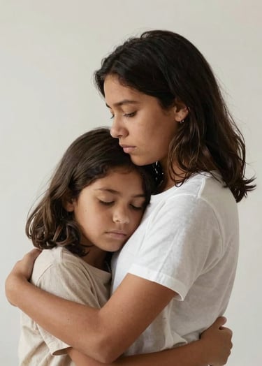 Portrait of two South American / Brazilian siblings embracing quietly in a minimalist studio. The mood is calm and emotional. Colors include Warm Taupe and Pearl White. Clean background, soft focus.
