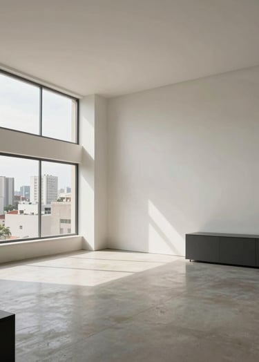A wide-angle shot of a minimalist photography studio in a modern South American / Brazilian city building, featuring high ceilings, natural light through large windows, and clean furniture in off-white and charcoal grey tones.
