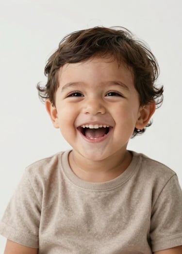 A high-quality minimalist portrait of a laughing South American / Brazilian toddler, shot in a bright studio with soft lighting. The background is a clean Pearl White, and the child is wearing simple, neutral-colored clothing in Warm Taupe. Professional photography, shallow depth of field.
