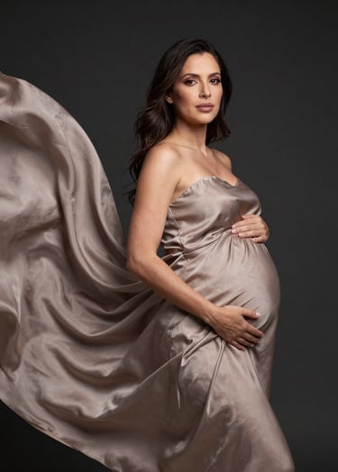 An elegant maternity portrait of a woman in a flowing silk fabric of muted taupe color, creating dynamic movement in a South American / Brazilian studio. The background is a solid dark charcoal, making her stand out with a professional and artistic feel.