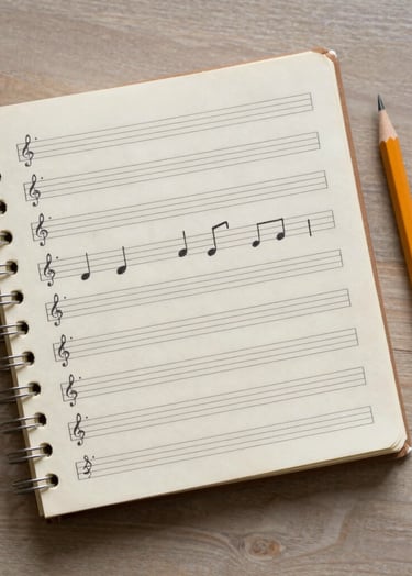 A top-down view of a vintage notebook with handwritten music notes. A pencil rests beside it on a soft taupe wooden surface. Soft, natural lighting.