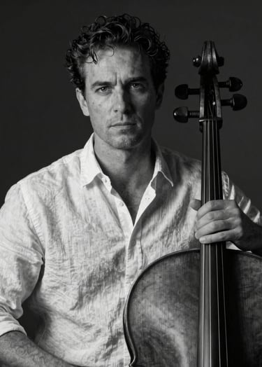 A sophisticated black and white portrait of a musician in a soft off-white linen shirt, holding a cello. The lighting is cinematic and moody with dark charcoal shadows, focusing on the texture of the wood and the artist's hands.