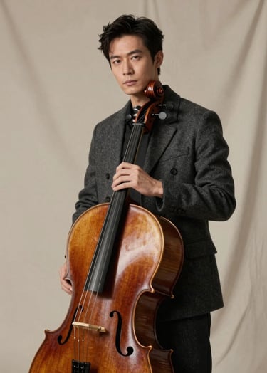 A sophisticated portrait of a musician in a charcoal coat holding a cello, shot against a soft off-white backdrop with soft, diffused lighting and deep taupe shadows.