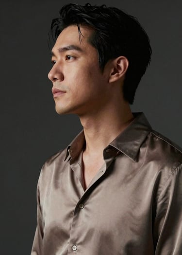 A sophisticated portrait of a musician in profile, softly lit by warm light. The background is a deep charcoal. The musician wears a soft taupe silk shirt. Cinematic lighting, elegant and quiet mood.