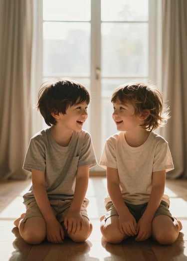 Rectangular centered photograph of two children playing in a room filled with brilliant white sunlight. Cinematic depth of field, focused on the authentic expression of joy. Highlights of golden tan and warm beige.